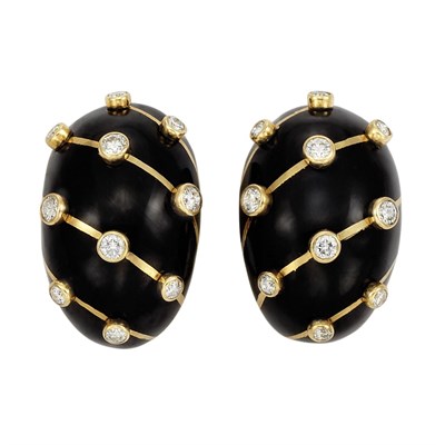 Lot 507 - Pair of Gold, Black Enamel and Diamond Bombe Earclips, Tiffany & Co., Schlumberger