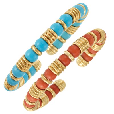 Lot 232 - Pair of Gold and Coral and Turquoise Bead Bangle Bracelets