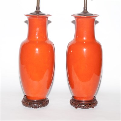 Lot 312 - Pair of Orange Glazed Porcelain Lamps Height...