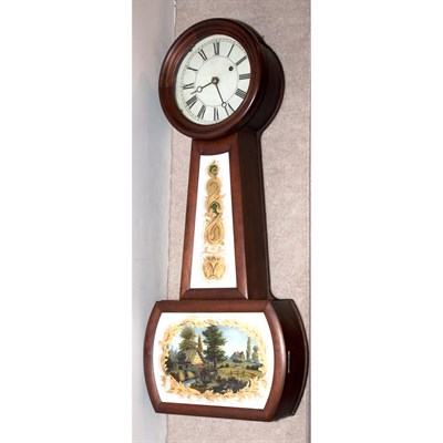 Lot 343 - American Eglomise and Oak Wall Clock Height 29...
