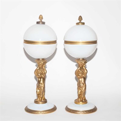 Lot 381 - Pair of Gilt-Bronze and Opalene Glass Lamps...