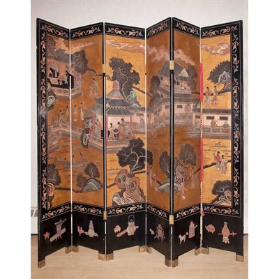 Lot 431 - Chinese Painted and Lacquered Six-Panel Screen...
