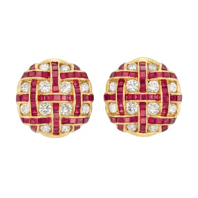 Lot 136 - Pair of Gold, Diamond and Ruby Button Earrings