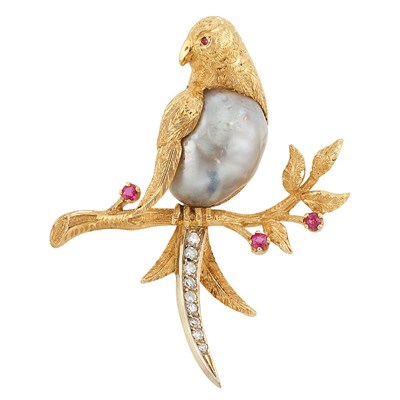 Lot 222 - Gold, Semi-Baroque Cultured Pearl, Diamond and Ruby Bird Pin, Van Cleef & Arpels
