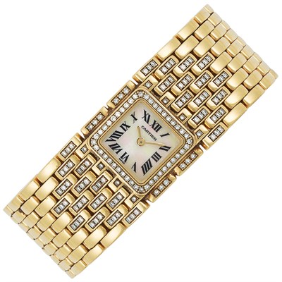 Lot 203 - Lady's Gold, Mother-of-Pearl and Diamond 'Panthere Ruban' Wristwatch, Cartier