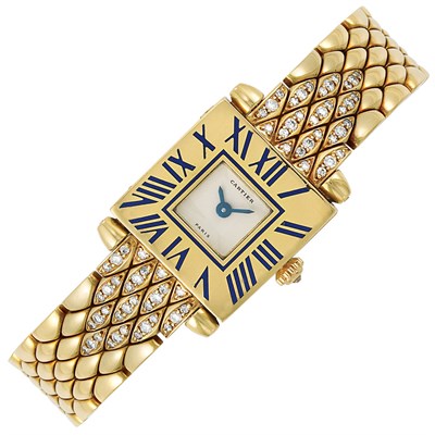 Lot 246 - Lady's Gold, Blue Enamel and Diamond 'Quadrant' Wristwatch, Cartier, Paris