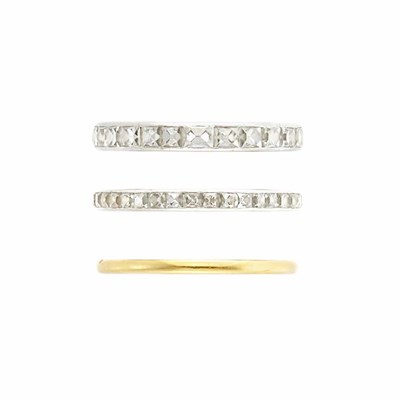 Lot 600 - Two Platinum and Diamond Guard Rings and Gold Band Ring, Yard
