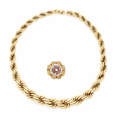 Lot 156 - Rope-Twist Gold Necklace and Gold, Ruby and Diamond Ring, Sanz