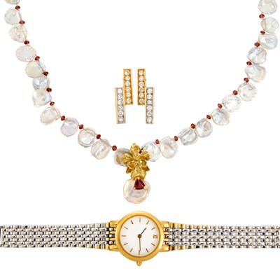 Lot 629 - Freshwater Pearl and Bead Necklace, Pair of Gold and Diamond Earclips and Metal Wristwatch