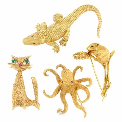 Lot 61 - Four Gold, Gem-Set and Diamond Animal Pins