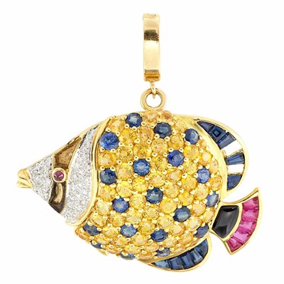 Lot 837 - Gold, Yellow Sapphire, Sapphire, Ruby, Black Onyx and Diamond Fish Pendant-Brooch