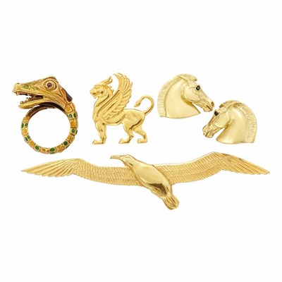 Lot 286 - Group of Gold Animal Jewelry and Metal Pin