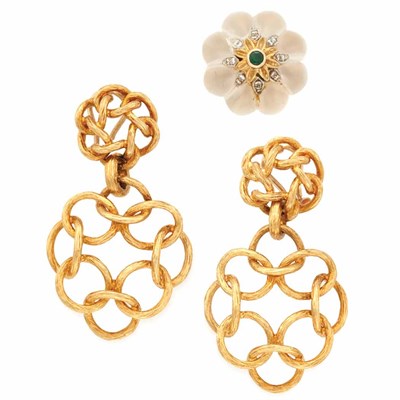 Lot 7 - Gold, Fluted Frosted Rock Crystal, Emerald and Diamond Ring, Boris Le Beau, and Pair of Gold Pendant-Earclips