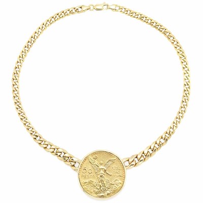Lot 12 - Gold Curb Link Chain Necklace with Mexican Gold Coin Pendant
