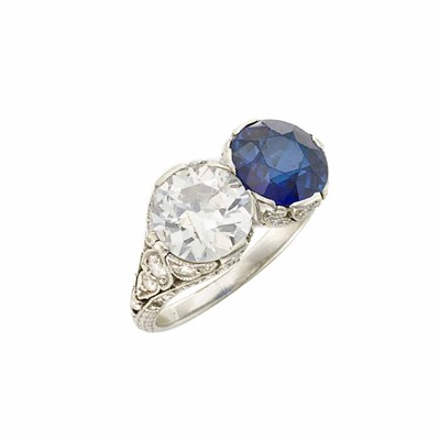 Lot 110 - Platinum, Diamond and Synthetic Sapphire Ring