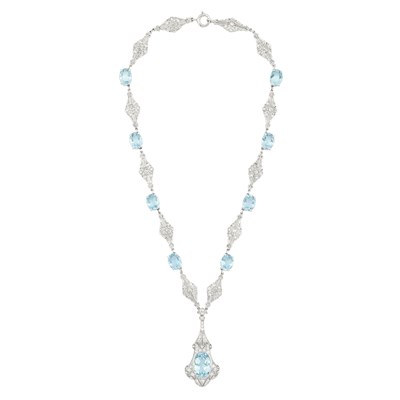 Lot 321 - Belle Epoque Platinum, Aquamarine and Diamond Pendant-Necklace