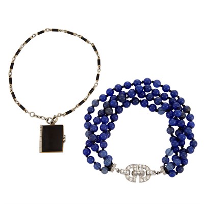 Lot 601 - Art Deco Four Strand Dyed Blue Chalcedony Bead, Platinum and Diamond Torsade Bracelet and White Gold and Enamel Charm Bracelet