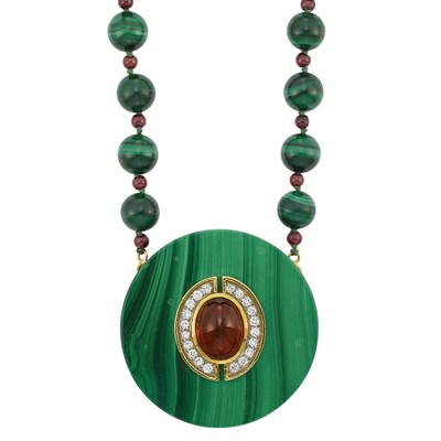 Lot 170 - Malachite and Garnet Bead Necklace with Malachite, Gold, Cabochon Garnet and Diamond Pendant-Brooch, Boris Le Beau