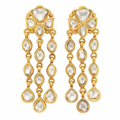 Lot 35 - Pair of Indian High Karat Gold and Foiled-Back Diamond Pendant-Earrings