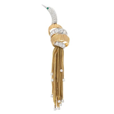 Lot 482 - Two-Color Gold and Diamond Bird Fringe Brooch