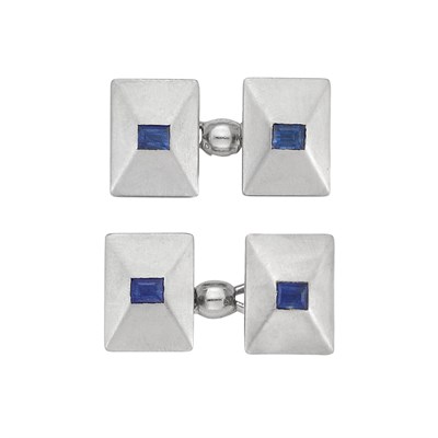 Lot 442 - Pair of Art Deco Platinum and Sapphire Cufflinks, Cartier, France