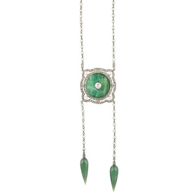 Lot 165 - Platinum, Gold, Seed Pearl, Carved Jade, Diamond and Nephrite Lavaliere