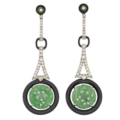 Lot 166 - Pair of Platinum, Diamond, Carved Jade, Black Onyx and Black Enamel Pendant-Earrings