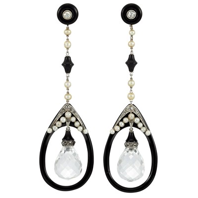 Lot 168 - Pair of Black Onyx, Pearl, Diamond and Rock Crystal Pendant-Earrings