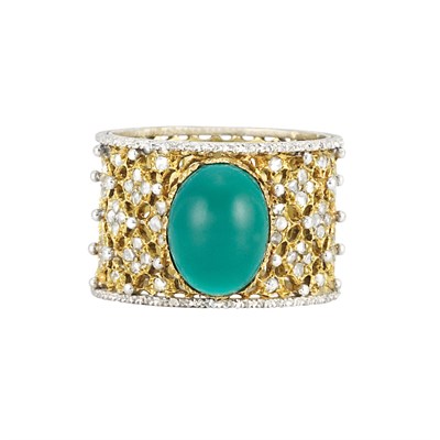 Lot 236 - Wide Two-Color Gold, Turquoise and Diamond Band Ring, Buccellati