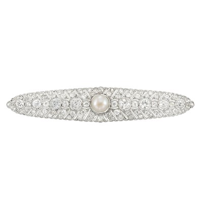 Lot 579 - Belle Epoque Platinum, Freshwater Button Pearl and Diamond Bar Brooch