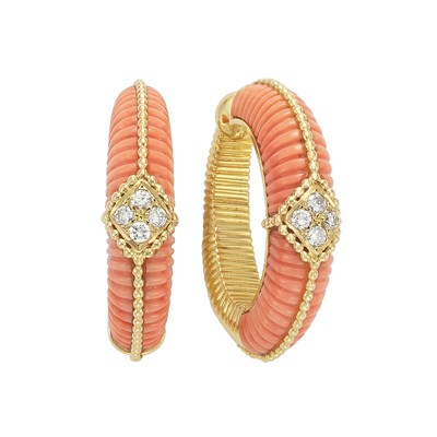 Lot 244 - Pair of Gold, Carved Coral and Diamond Hoop Earrings, Van Cleef & Arpels, France