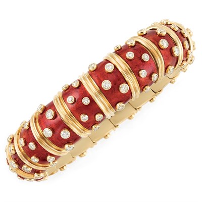 Lot 508 - Gold, Red Paillonne Enamel and Diamond Bangle Bracelet, Tiffany & Co, Schlumberger