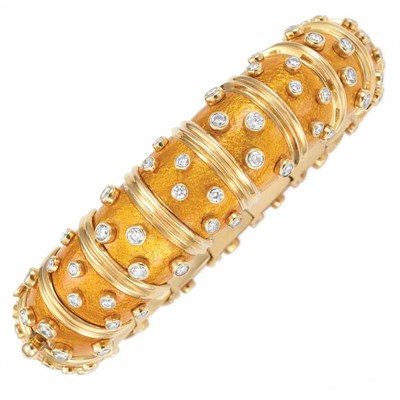 Lot 506 - Gold, Yellow Paillonne Enamel and Diamond Bangle Bracelet, Tiffany & Co., Schlumberger