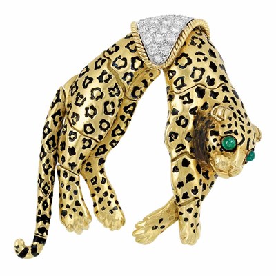 Lot 288 - Gold, Platinum, Diamond, Black Enamel and Cabochon Emerald Leopard Brooch, David Webb
