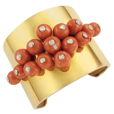 Lot 361 - Gold, Coral Bead and Diamond Cuff Bangle Bracelet