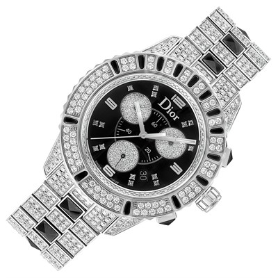 Lot 395 - Unisex Stainless Steel, Diamond and Black Onyx 'Christal' Chronograph Wristwatch, Christian Dior