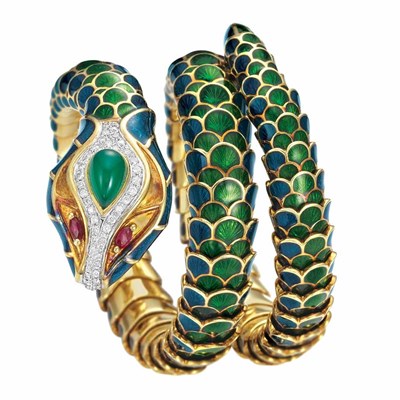 Lot 301 - Gold, Green and Blue Enamel, Gem-Set and Diamond Snake Bracelet