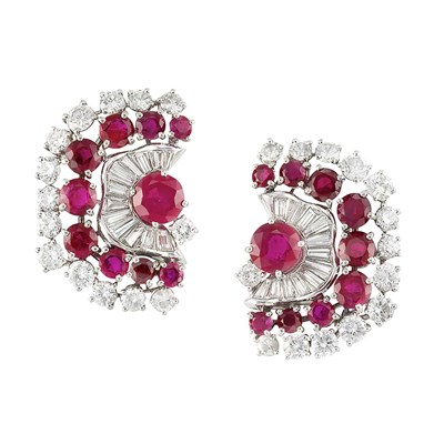 Lot 554 - Pair of Platinum, Ruby and Diamond Earclips, Harry Winston