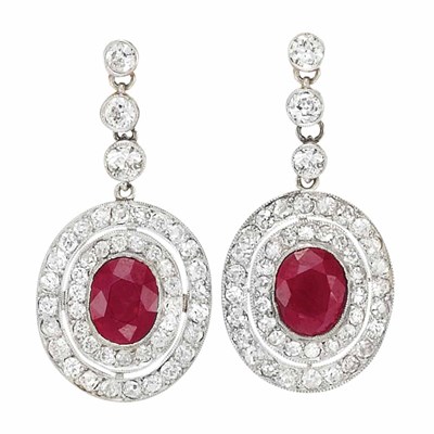 Lot 578 - Pair of Belle Epoque Platinum, Gold, Ruby and Diamond Pendant-Earclips
