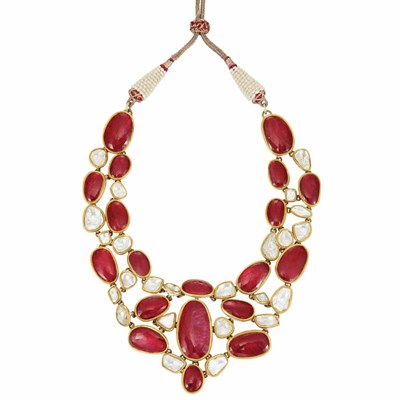 Lot 39 - Indian Gold, Foiled-Back Ruby and Diamond and Enamel Bib Necklace with Seed Pearl and Cultured Pearl Fringe Cord