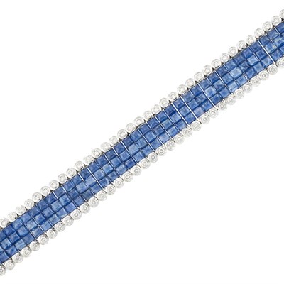 Lot 322 - White Gold, Invisibly-Set Cabochon Sapphire and Diamond Bracelet