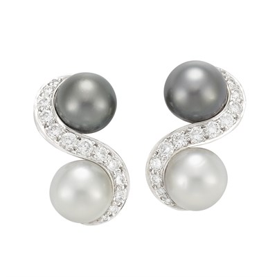 Lot 374 - Pair of White Gold, South Sea Cultured Pearl, Tahitian Gray Cultured Pearl and Diamond Earclips, Seaman Schepps