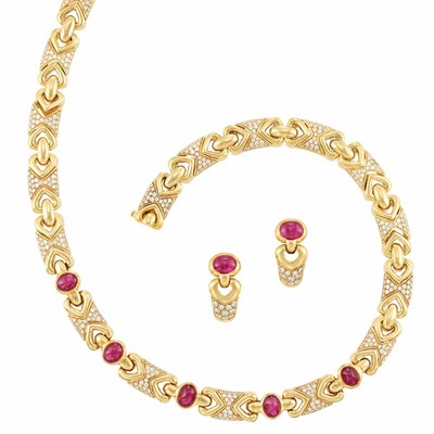 Lot 204 - Gold, Diamond and Cabochon Ruby Necklace and Pair of Earclips, Bulgari