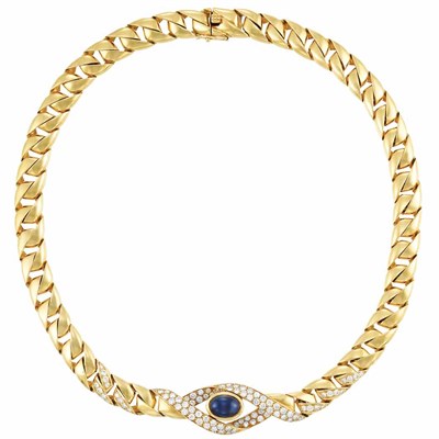 Lot 199 - Gold, Cabochon Sapphire and Diamond Necklace, Cartier, Paris