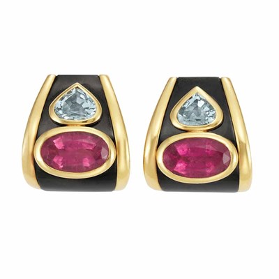 Lot 13 - Pair of Gold, Pink Tourmaline, Blue Topaz and Black Onyx Earrings, Marina B, France