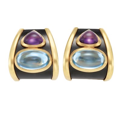Lot 9 - Pair of Gold, Cabochon Blue Topaz and Amethyst and Black Onyx Earclips, Marina B