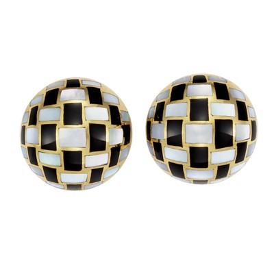 Lot 19 - Pair of Gold, Mother-of-Pearl and Black Onyx Earclips, Tiffany & Co.