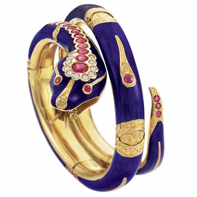 Lot 256 - Gold, Blue Enamel, Ruby and Diamond Snake Bangle Bracelet