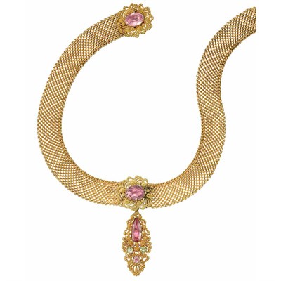 Lot 266 - Antique Cannetille Gold and Foiled-Back Pink Topaz Mesh Choker Necklace