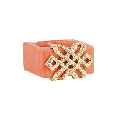 Lot 245 - Coral, Gold and Diamond Band Ring, Henry Dunay